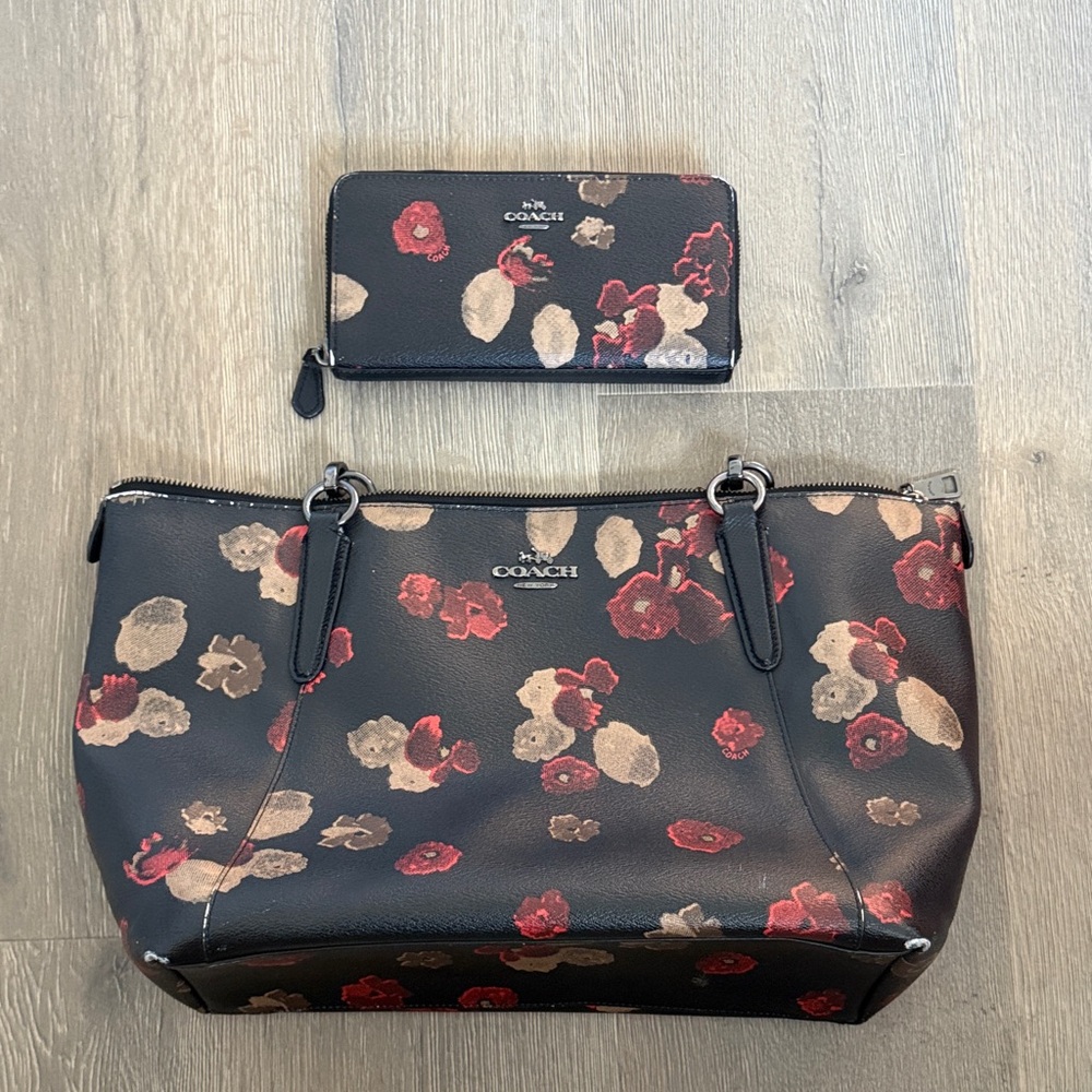 Coach Black and Red Floral Bag and Wallet Set